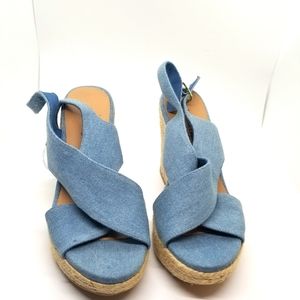 American Eagle wedge sandals, light blue denim.